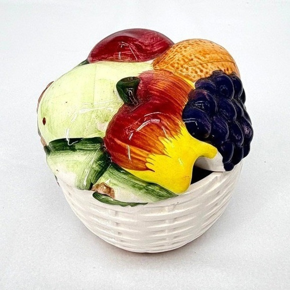 Ceramic Fruit Basket Lidded Sugar Salt Bowl Trinket Dish VTG Hand Painted Decor